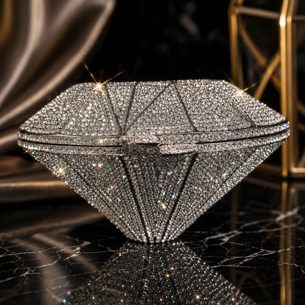 Rhinestone Diamond Shape Clutch Silver Crystal Evening Bag NWOT